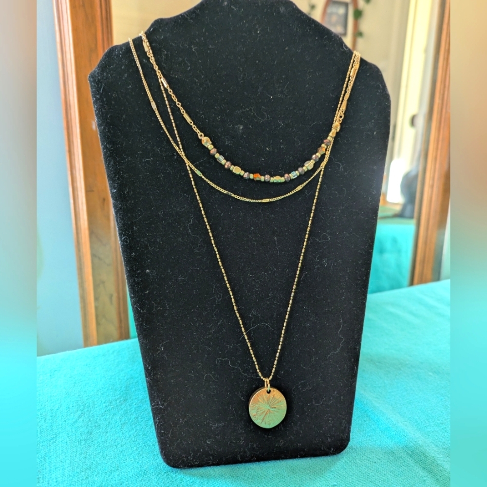 Minimalist Three Layer Goldtone Necklace w/ Small Natural Stone Beads